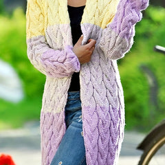  Colorblock Cable Knit Cardigan Open Front Long Sleeve