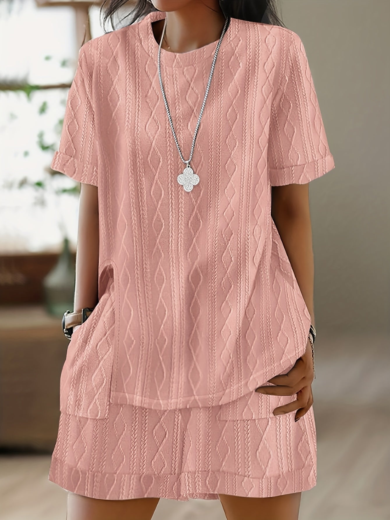  Casual Outfits Set Women's Plus Solid Textured Top & Shorts Set