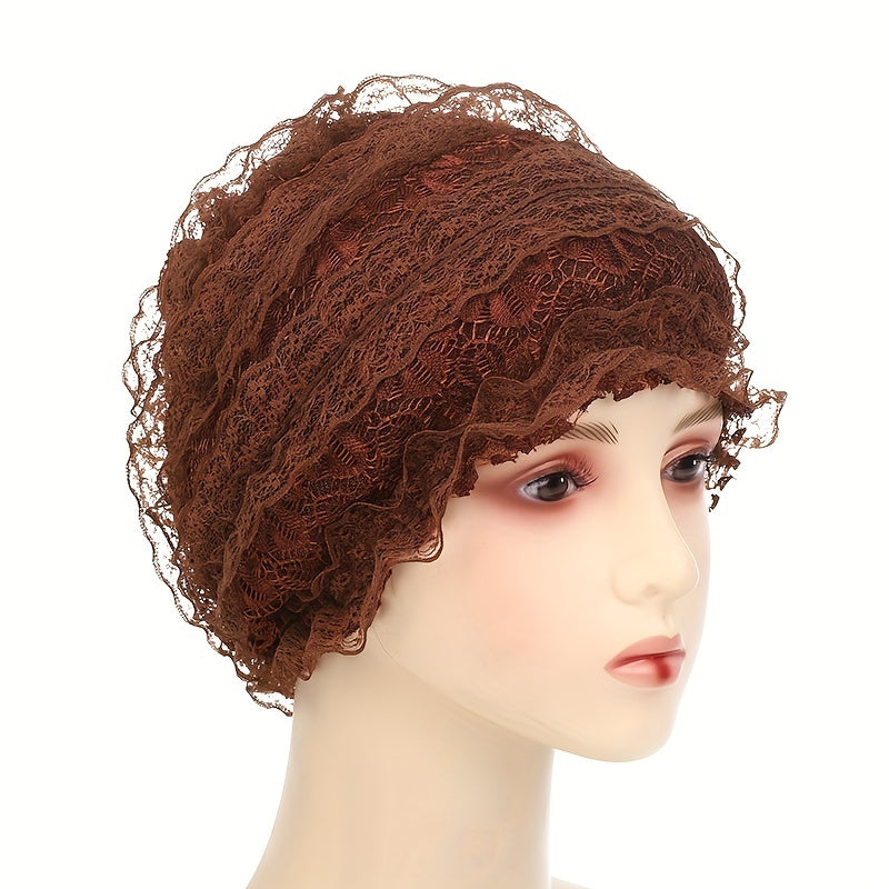 Double Layer Lace Turban Cap Head Wrap Elastic Scarf Ramadan Hijab Beanie Chemo