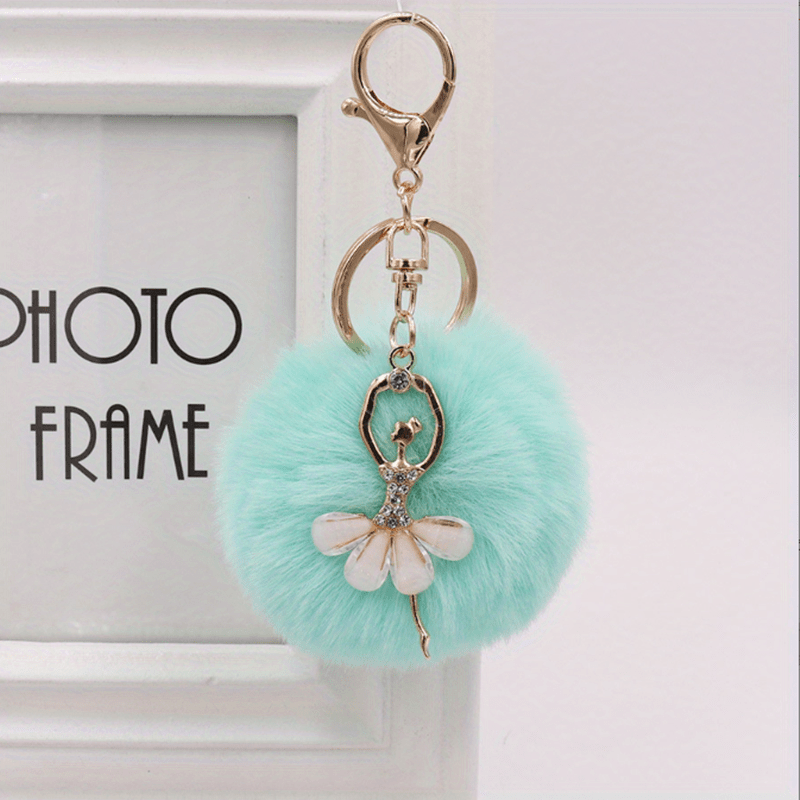 Ballet Girl Pom Pom Keychain Rhinestone Bag Accessory Car Pendant