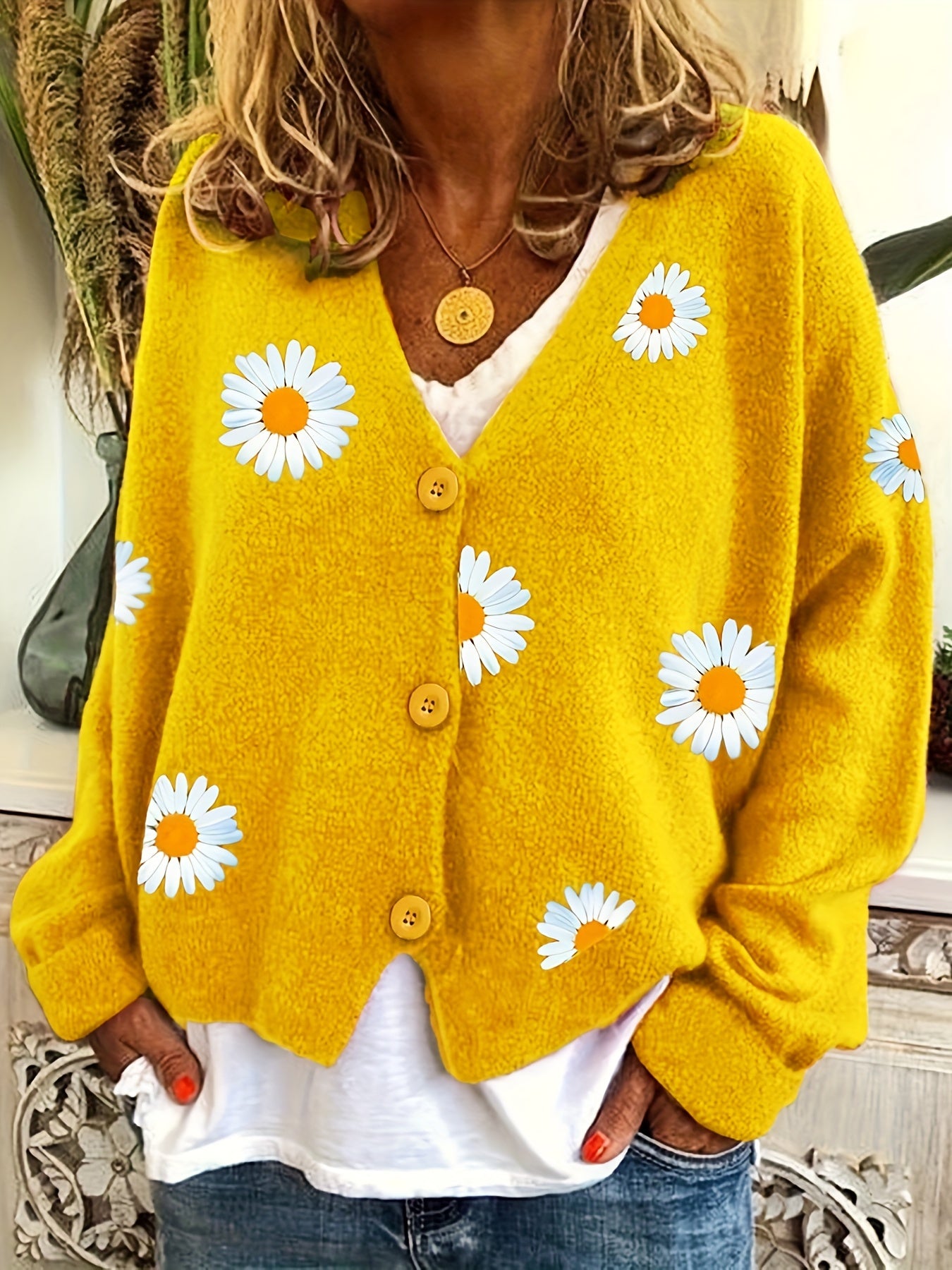Daisy Pattern Embroidered Knitted Cardigan Sweater for Women