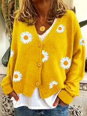 Daisy Pattern Embroidered Knitted Cardigan Sweater for Women