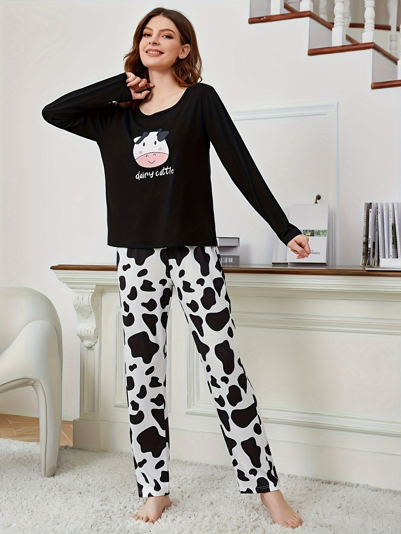 Cow Print Lounge Set Crew Neck Top & Lounge Pants Women's Loungewear