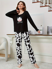 Cow Print Lounge Set Crew Neck Top & Lounge Pants Women's Loungewear