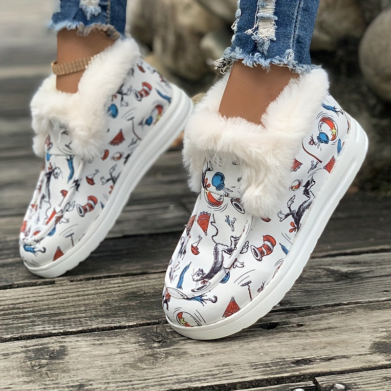 Cartoon Pattern Plush Lined Thermal Furry Snow Boots