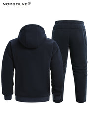 Men's 2 Pcs Zip Warm Hooded Jacket & Thermal Pants for Winter