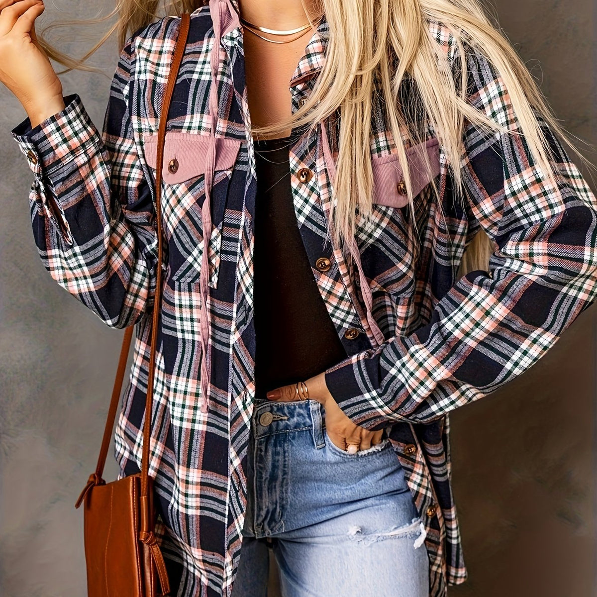  Plaid Print Button Up Long Sleeve Hooded Shacket