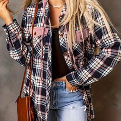  Plaid Print Button Up Long Sleeve Hooded Shacket