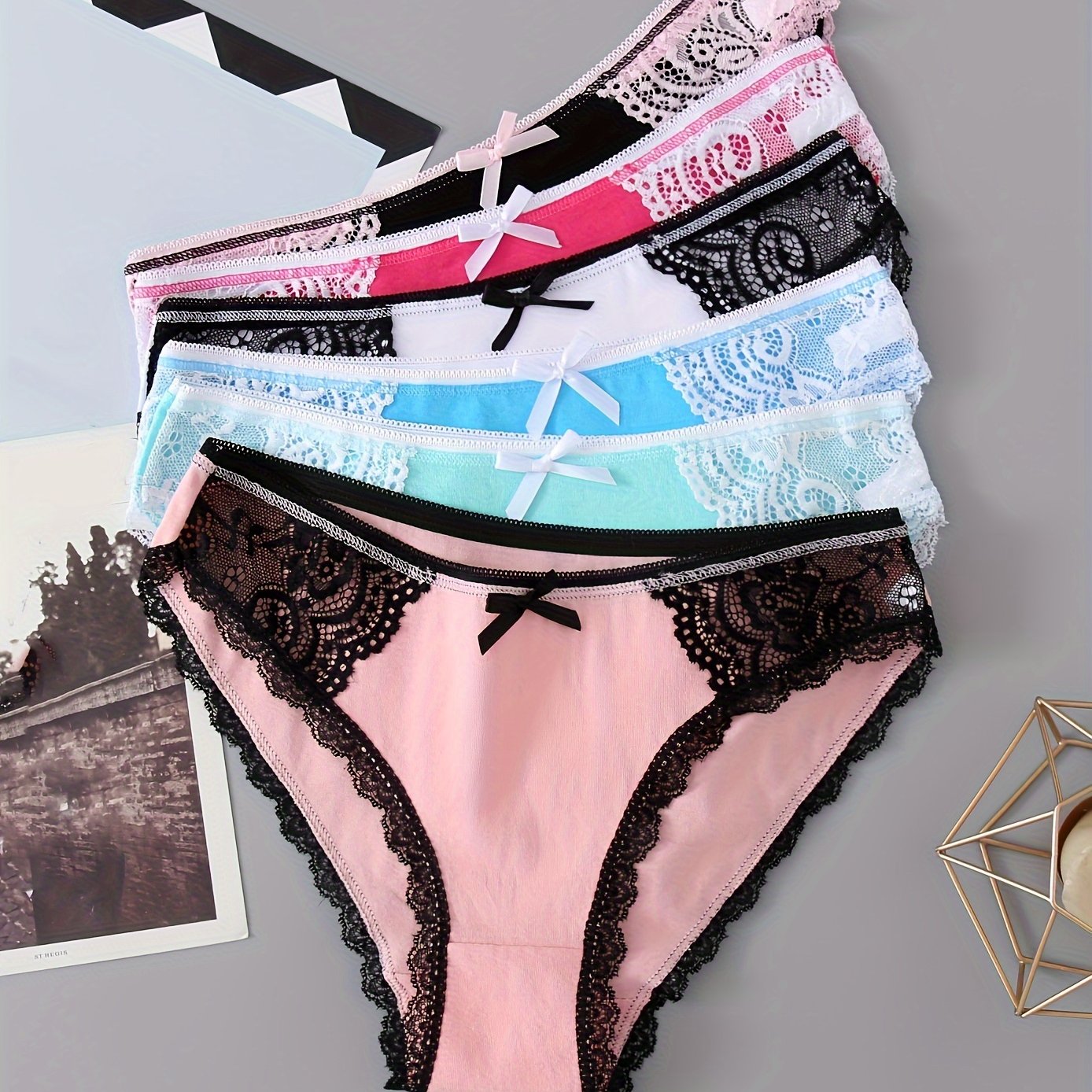 6pcs Bow Lace Bikini Panties Colorblock Intimates Lingerie Underwear