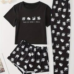 Panda Print Pajama Set Top & Shorts & Pants Women's Sleepwear & Loungewear