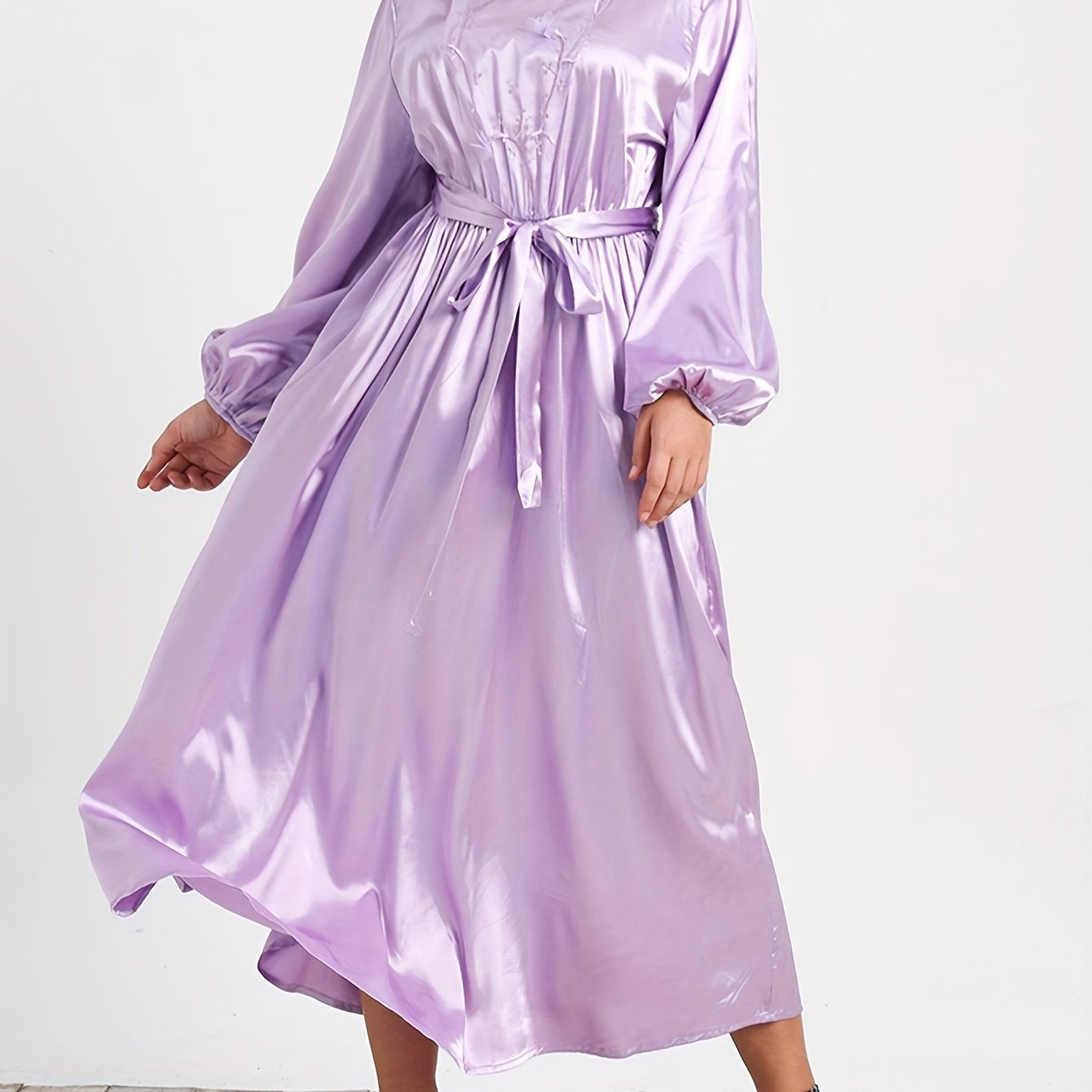  Solid Satin Lantern Sleeve Mock Neck Maxi Dress With Belt