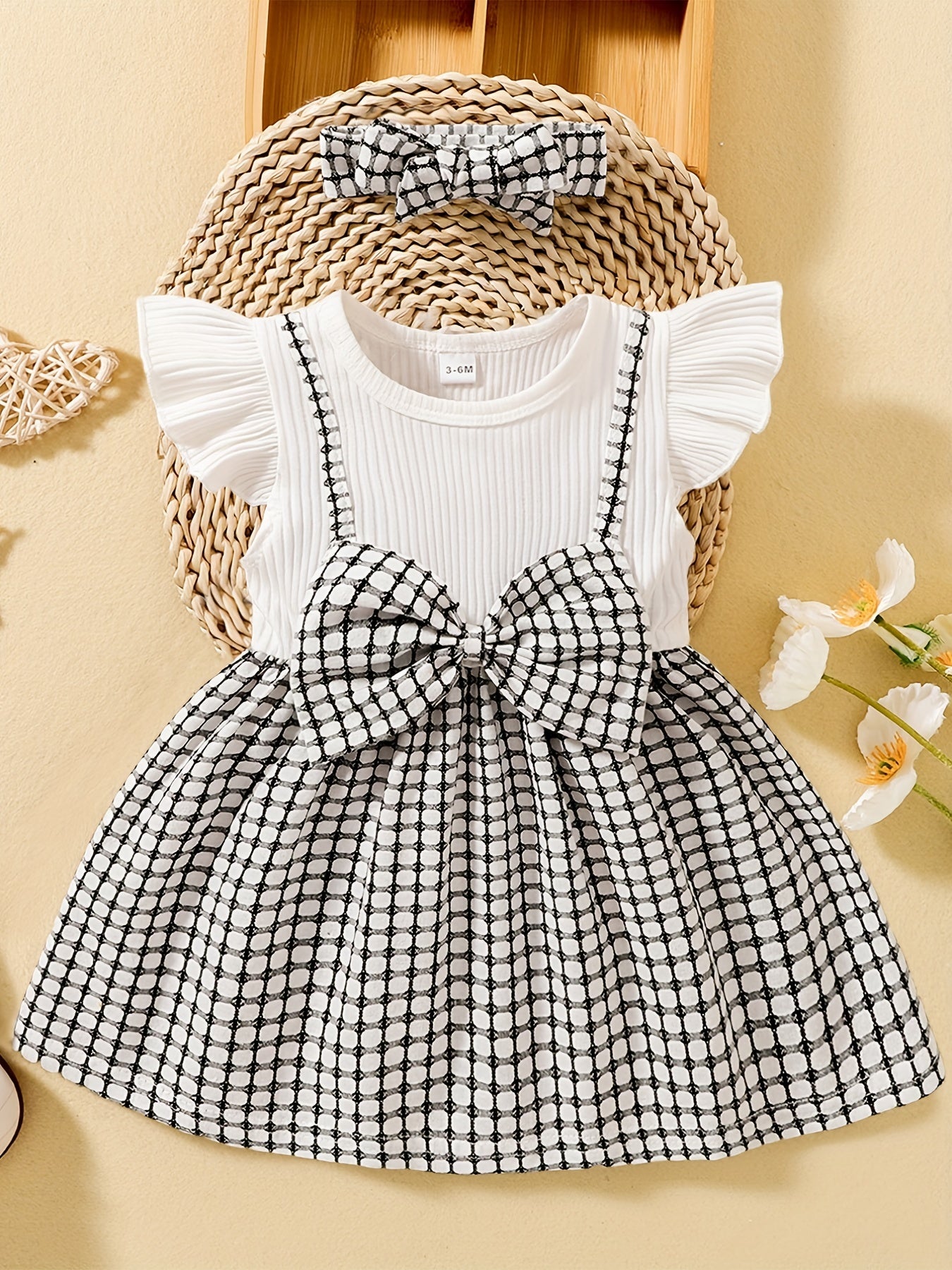 2pcs Baby Girls Splicing Suspender Dress Bow Plaid Dress Set