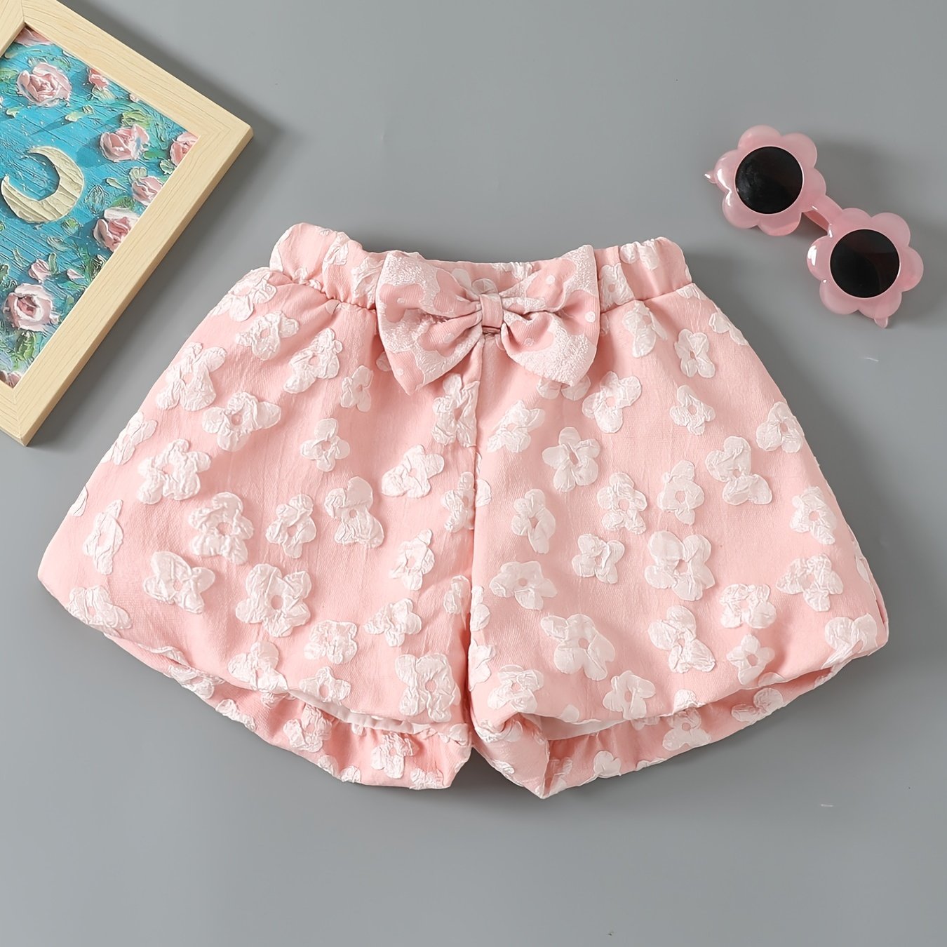 Girls Casual Puff Flower Shorts with Bow - Summer Wear