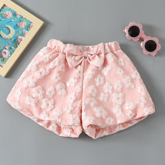 Girls Casual Puff Flower Shorts with Bow - Summer Wear