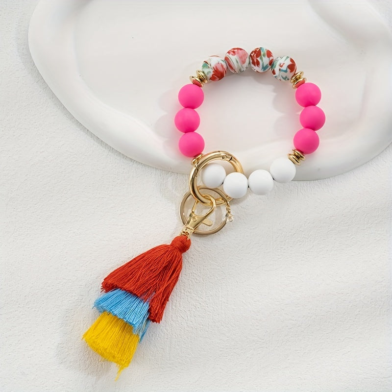 Vintage Silicone Beads Bracelet Key Ring For Girls Child Tassel Keychain Pendant