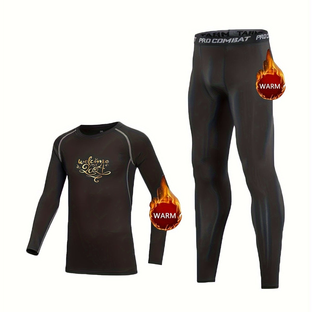 Kids Fleece Lined Compression Base Set Year Print Tops & Pants