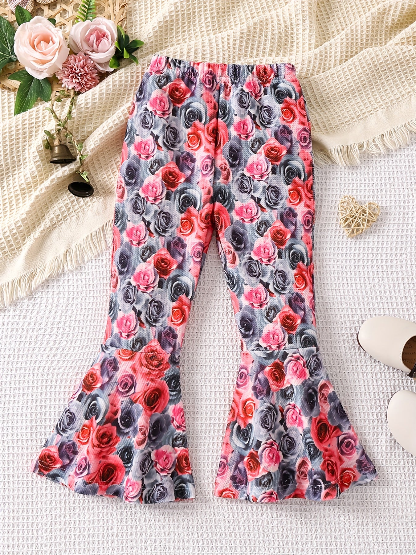 Boho Floral Print Bell Bottom Pants Elastic Waist Stretchy Fit Casual Trousers