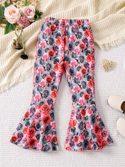 Boho Floral Print Bell Bottom Pants Elastic Waist Stretchy Fit Casual Trousers