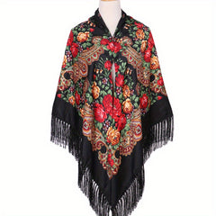 Vintage Flower Print Oversized Shawl with Tassel Wrap
