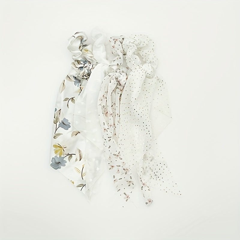 4pcs Floral Print Scarf Scrunchie Polka Dot Hair Tie for Women
