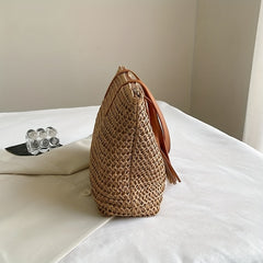 Colorblock Straw Tote Bag Woven Shoulder Bag With Tassel Decor