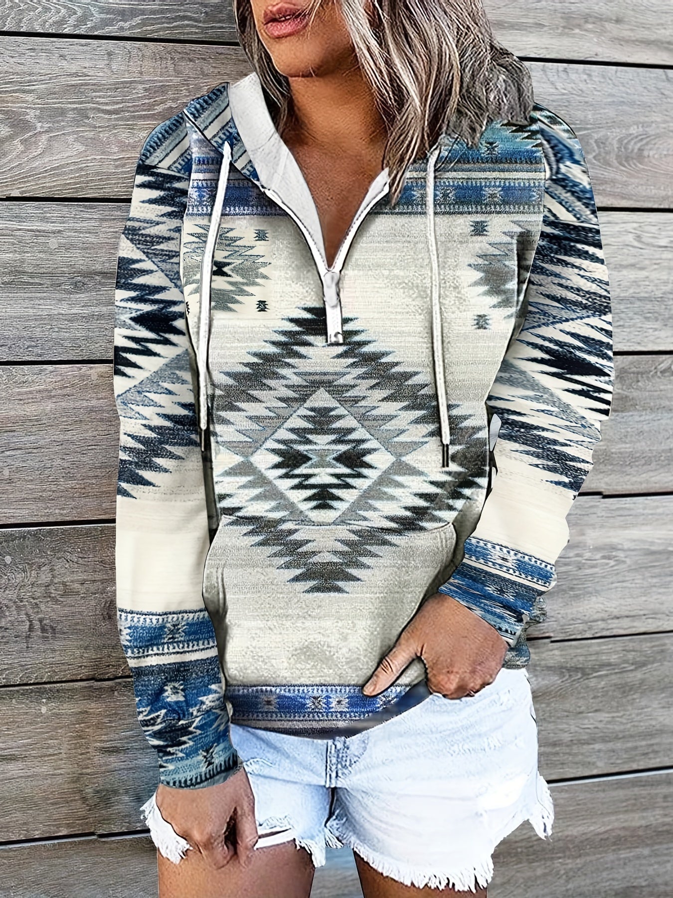 Geo Print Kangaroo Pocket Hoodie Casual Long Sleeve Drawstring Hoodies