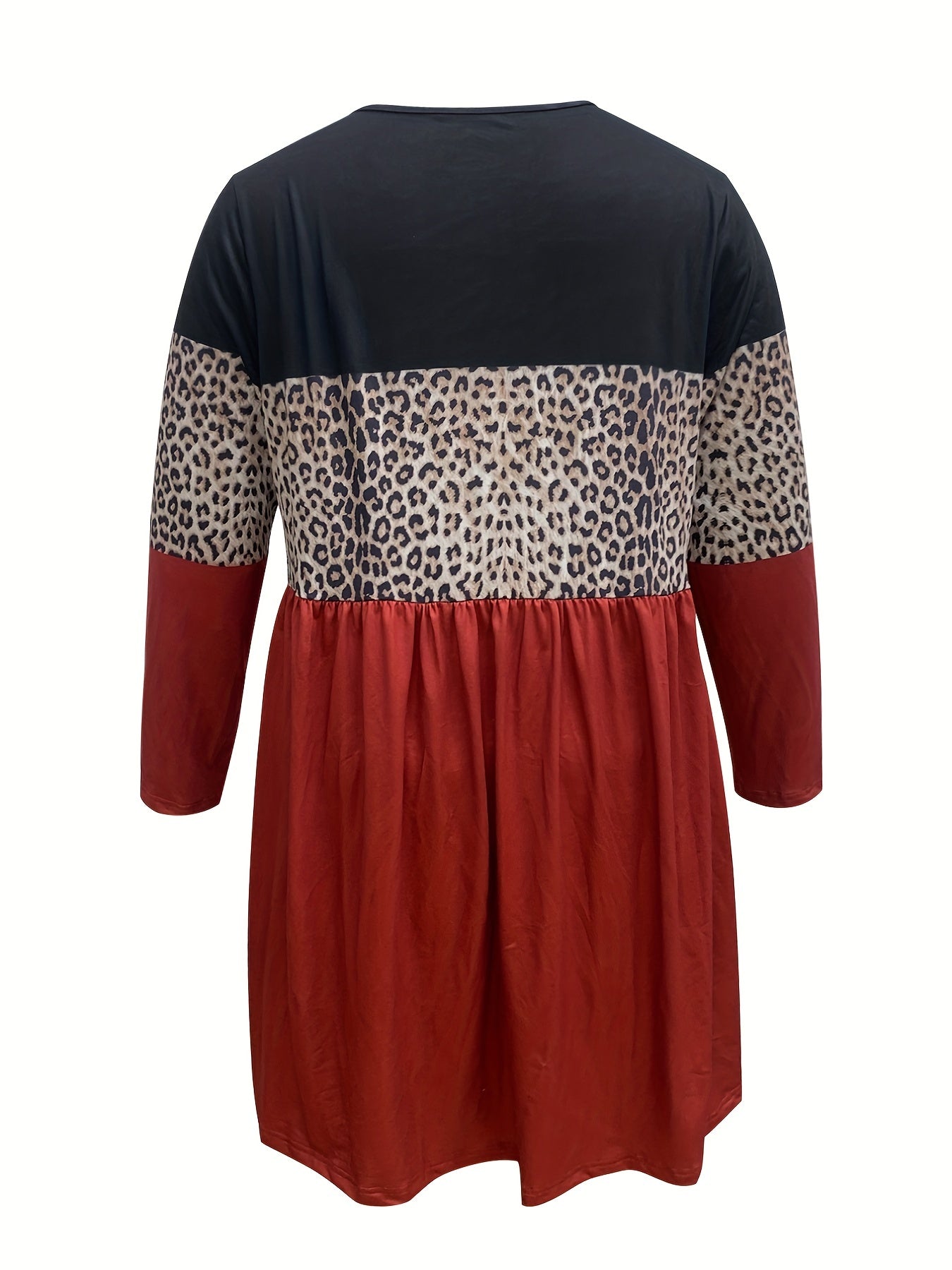  Colorblock Leopard Print Long Sleeve Dress