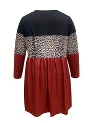  Colorblock Leopard Print Long Sleeve Dress