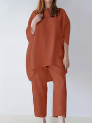  Solid Long Sleeve Top & Pants Set Round Neck Outfit