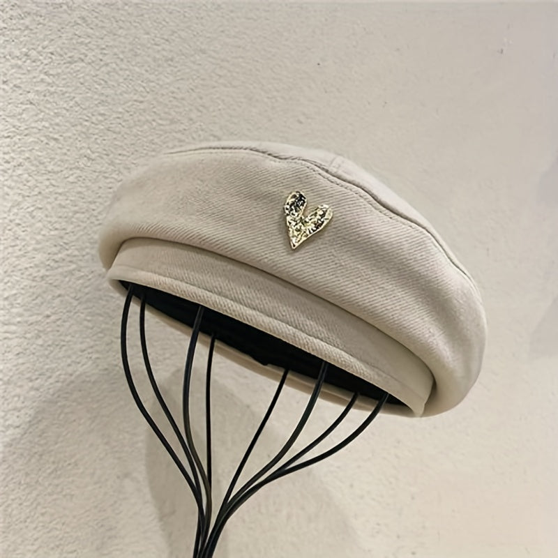 Metal Heart Label Beret Solid Beret Cap