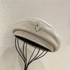 Metal Heart Label Beret Solid Beret Cap
