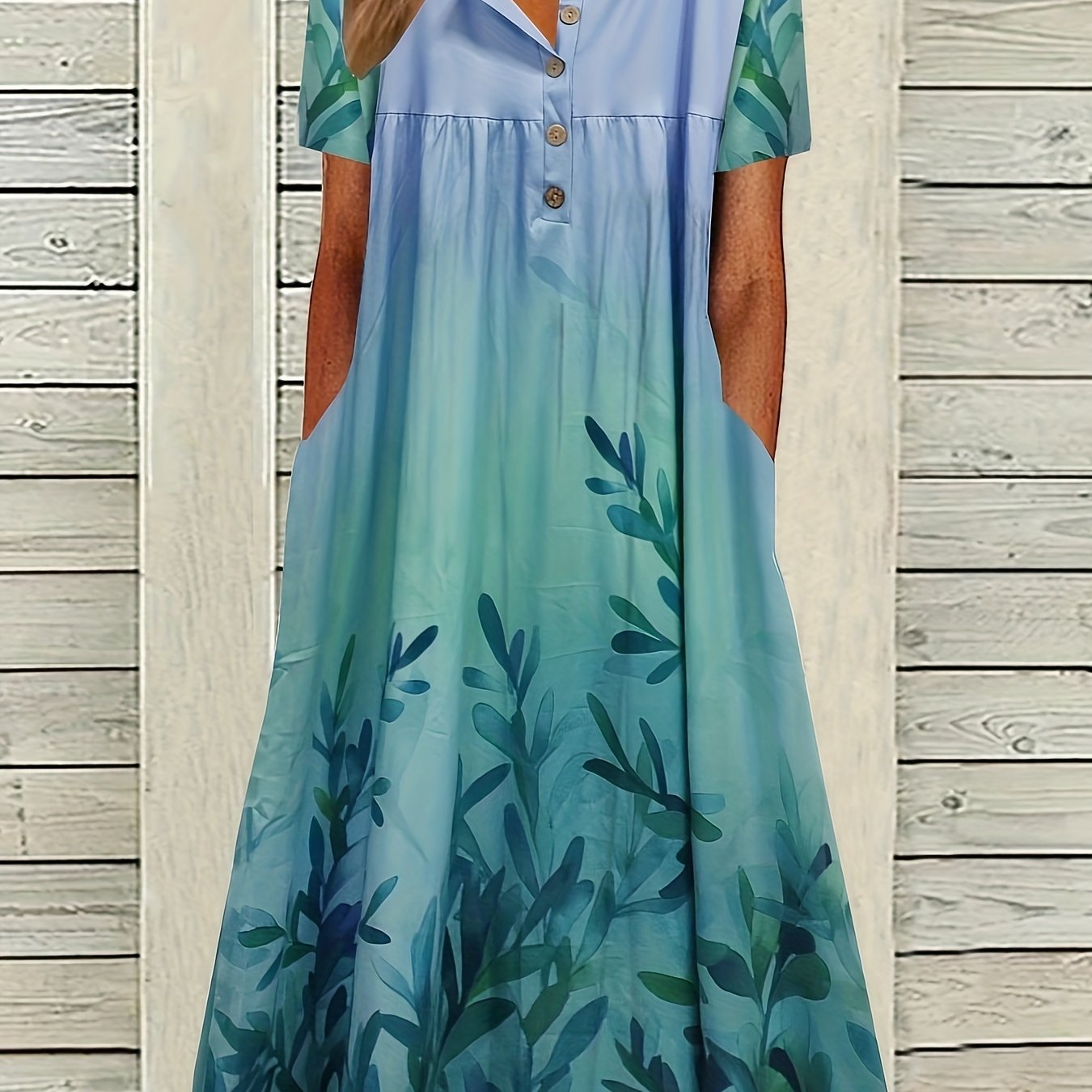 Women's Plus Ombre Floral Print Button Up Short Sleeve V Neck Maxi Dress