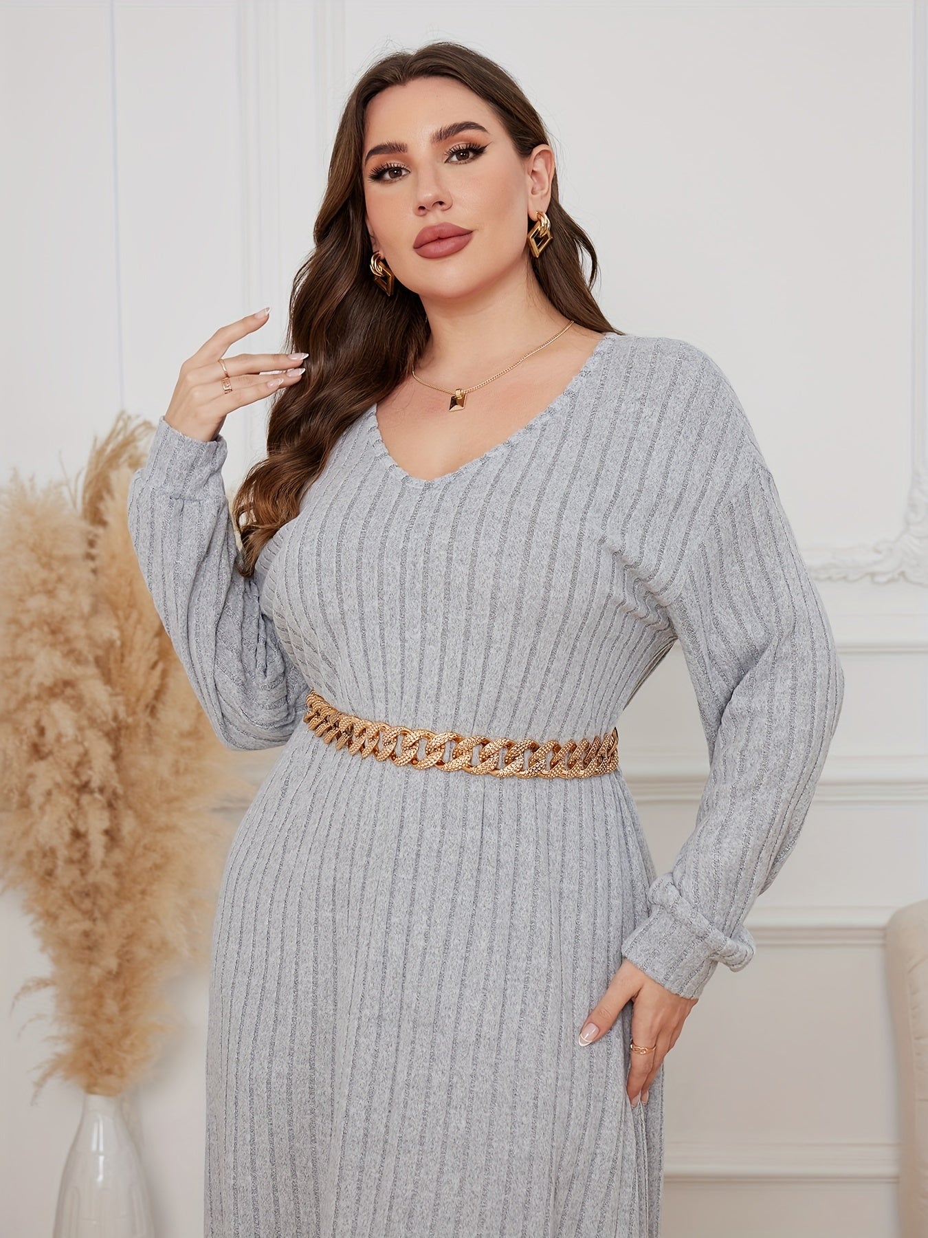  Casual Dress Solid Ribbed Drop Shoulder V Neck Midi Dress