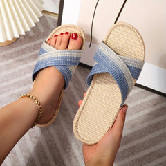 Women's Colorblock Cross Straps Sandals Slip On Open Toe Flat