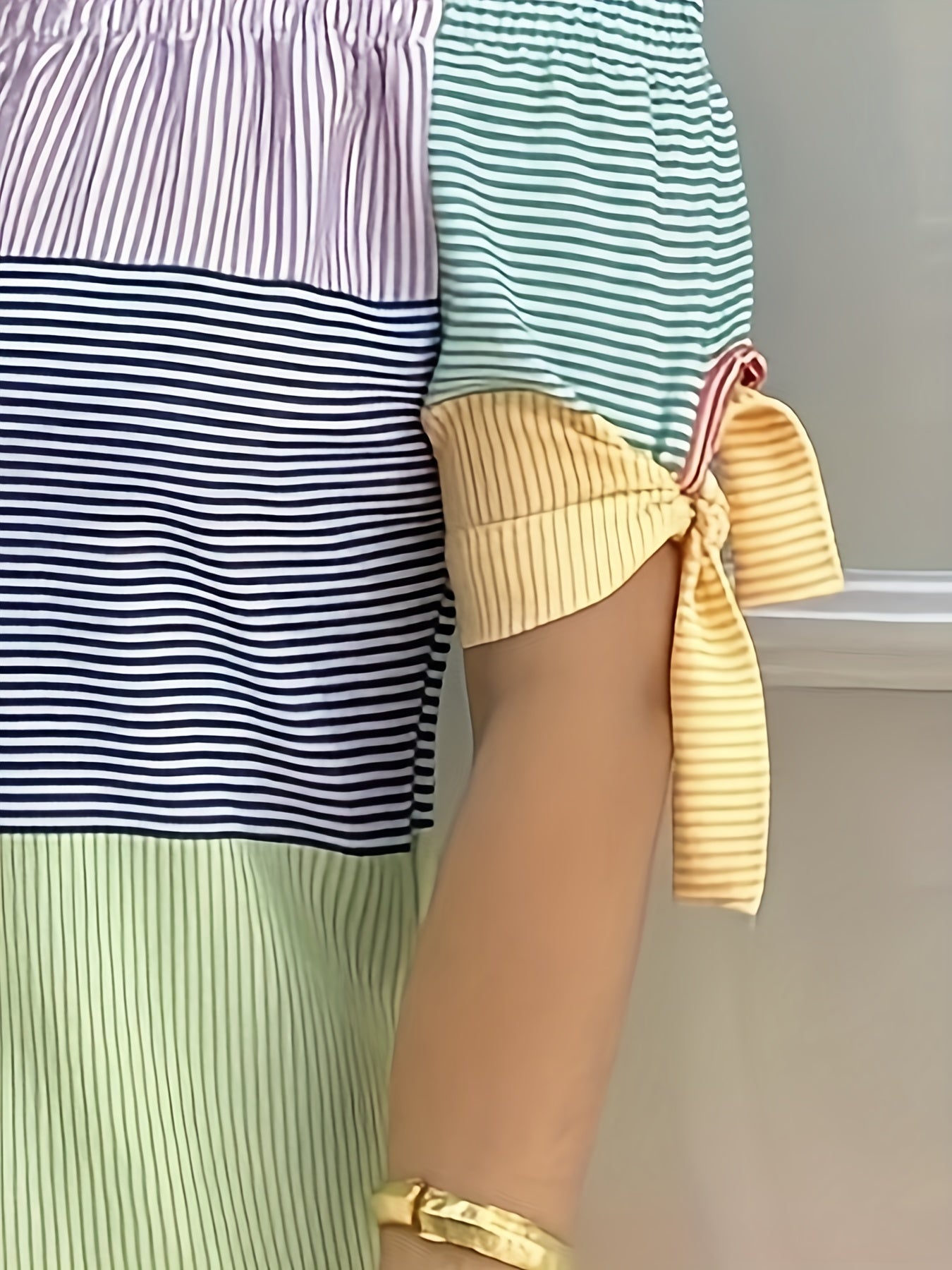  Colorblock Stripe Print Off Shoulder Mini Knot Dress