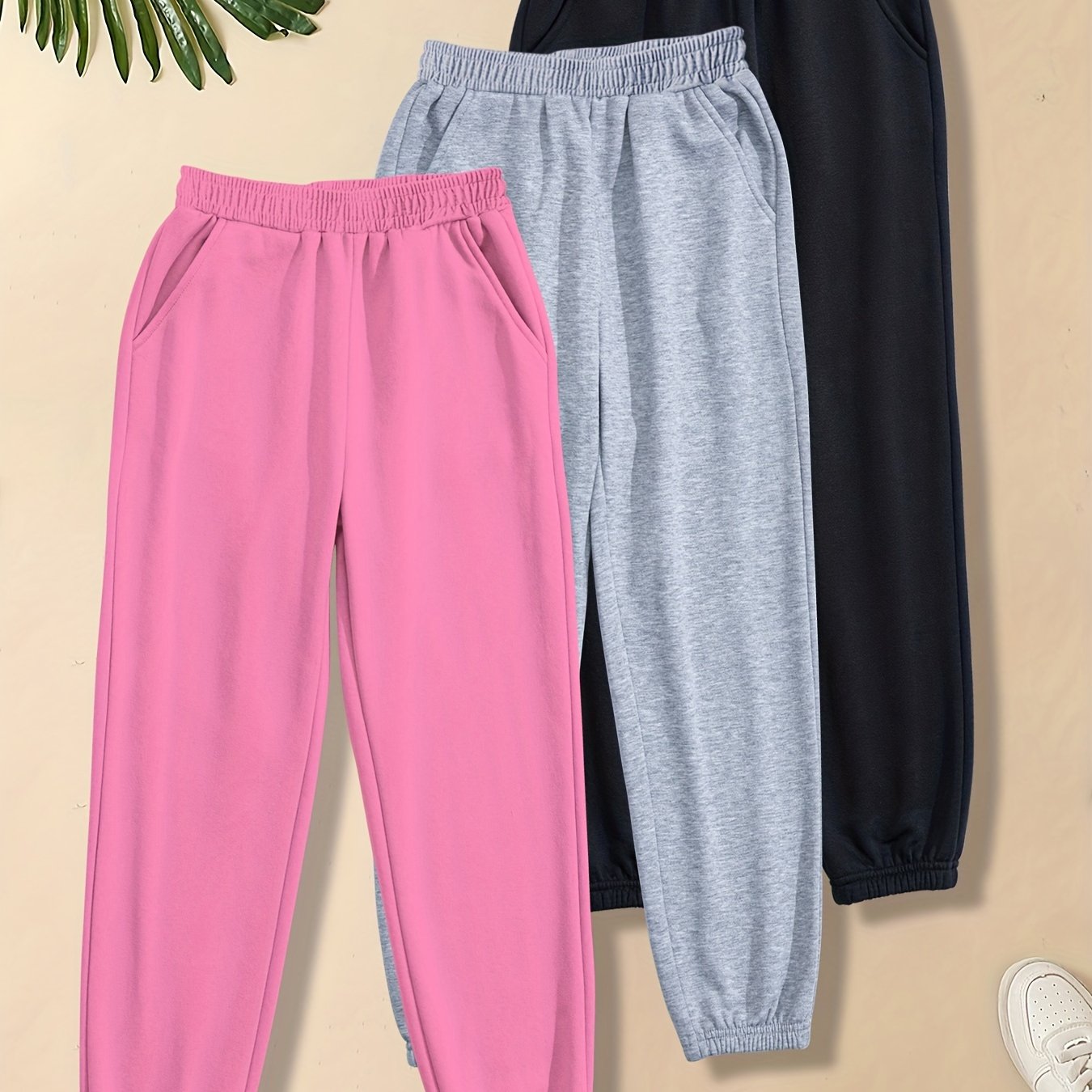 3pcs Girls' Basic Jogger Sweatpants Elastic Waist Thin Casual Sports Trousers