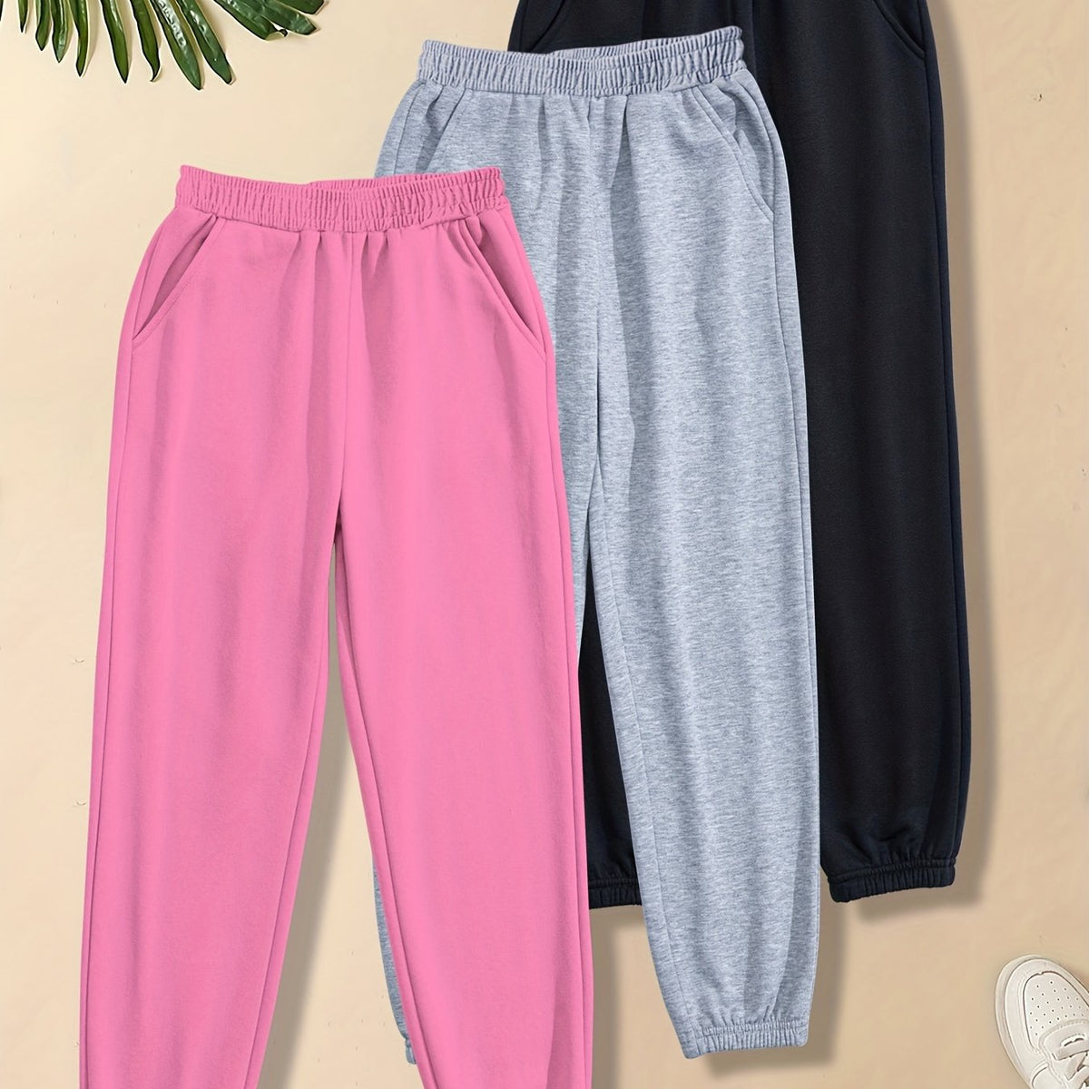 3pcs Girls' Basic Jogger Sweatpants Elastic Waist Thin Casual Sports Trousers
