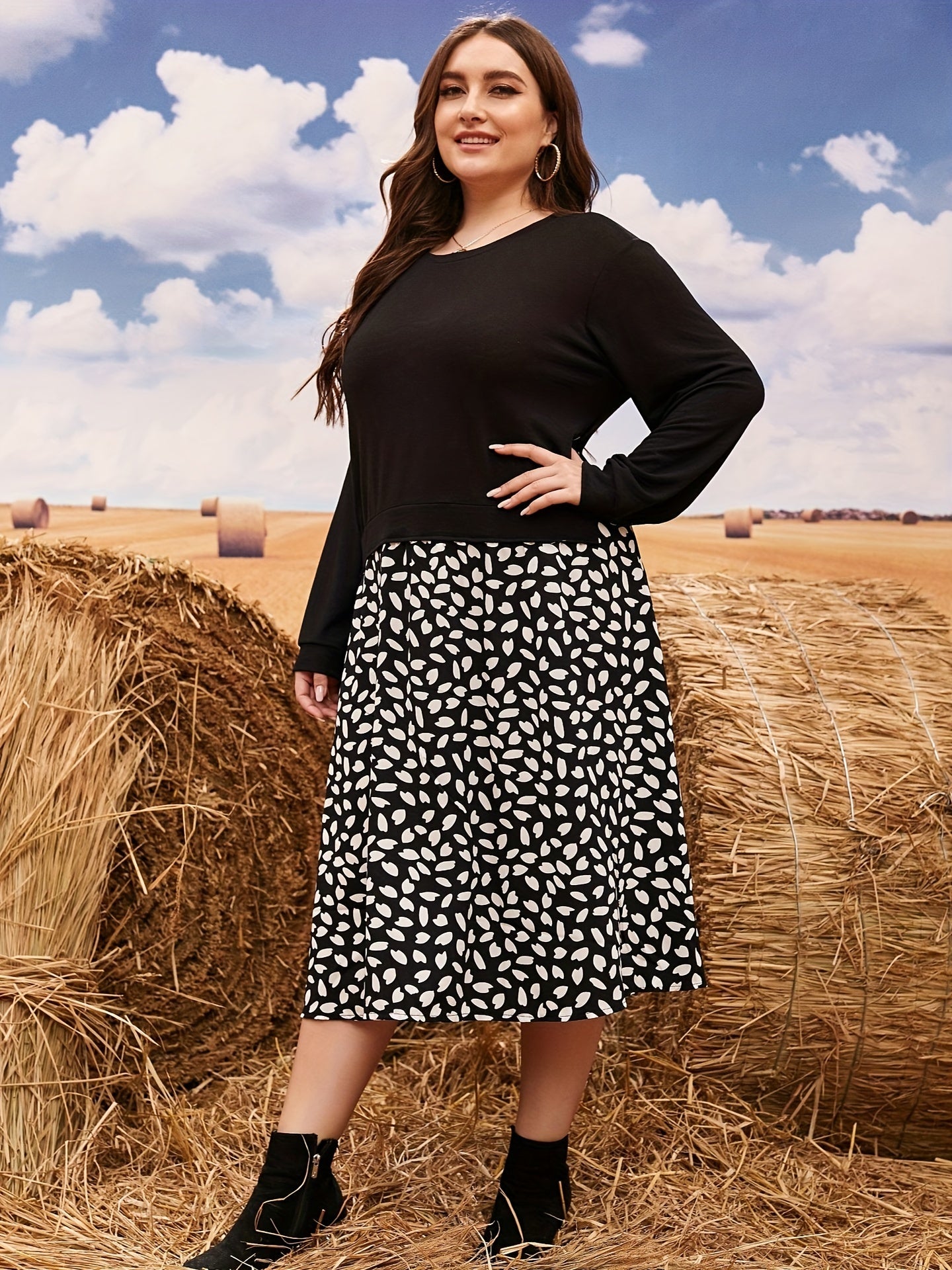  Colorblock Floral Print Long Sleeve Midi Dress