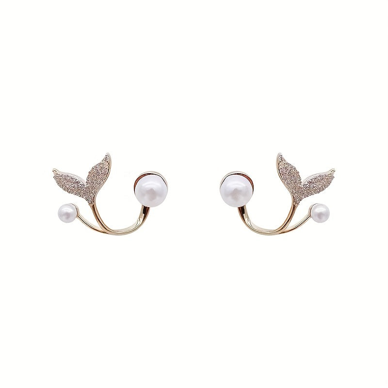 Pearl Fishtail Earrings With Rhinestone Drop Studs
