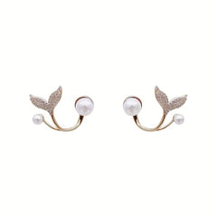 Pearl Fishtail Earrings With Rhinestone Drop Studs