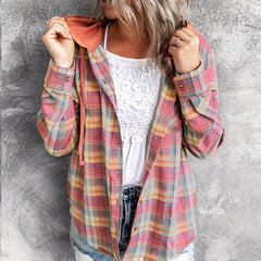  Plaid Print Button Up Hooded Shirt Coat
