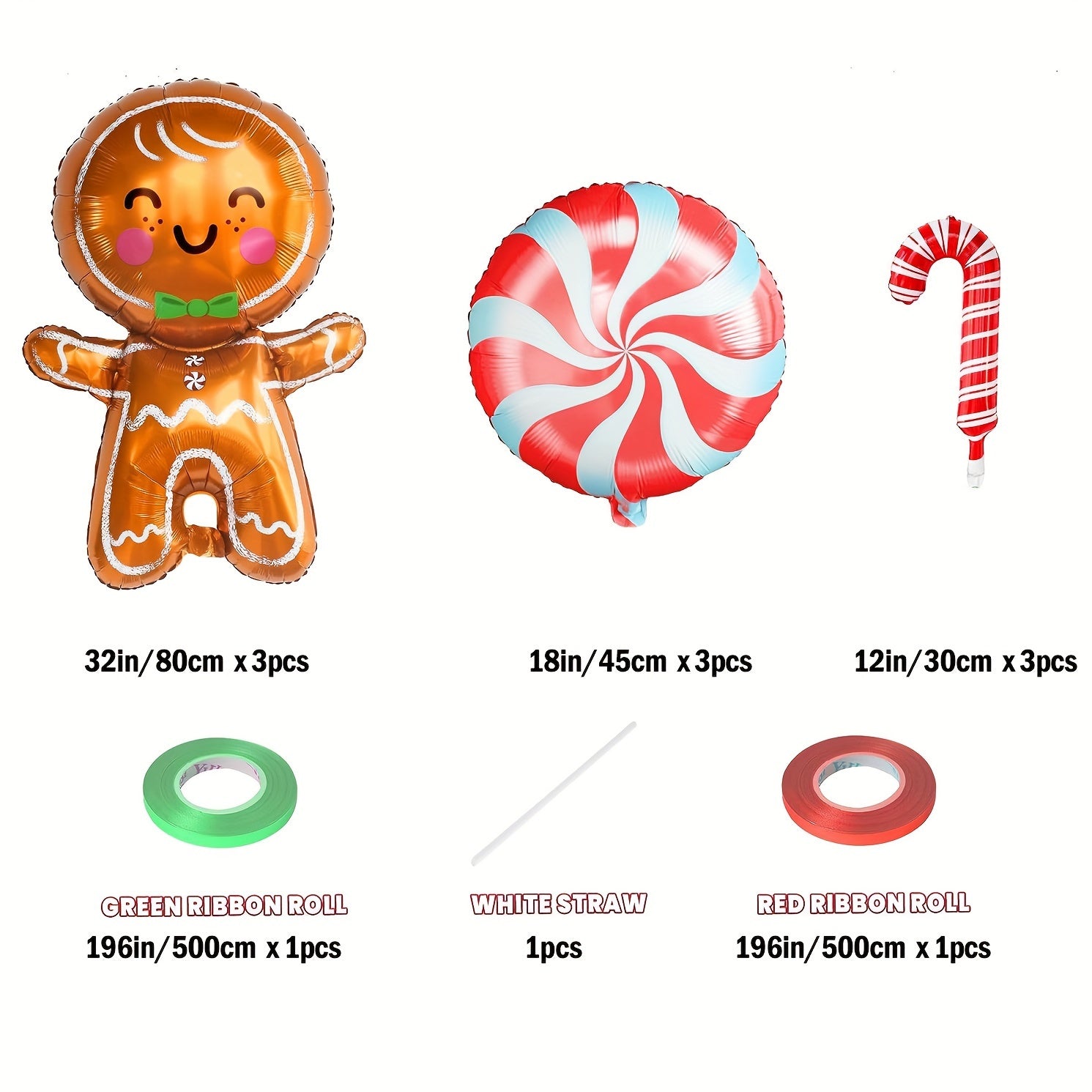 Red Gingerbread Person Crutches Round Sugar Balls Balloons Christmas Decorations