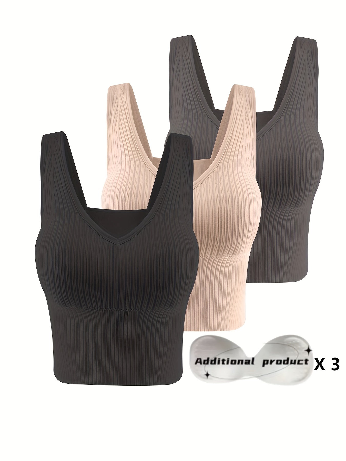 3pcs Ribbed Tank Top Bra Detachable Chest Pads Women's Lingerie