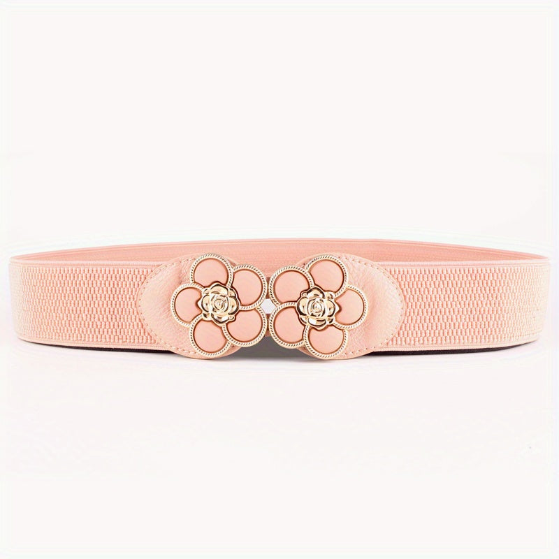 Flower Buckle Elastic Belt Women Vintage Wide Waist Seal Double Buckle