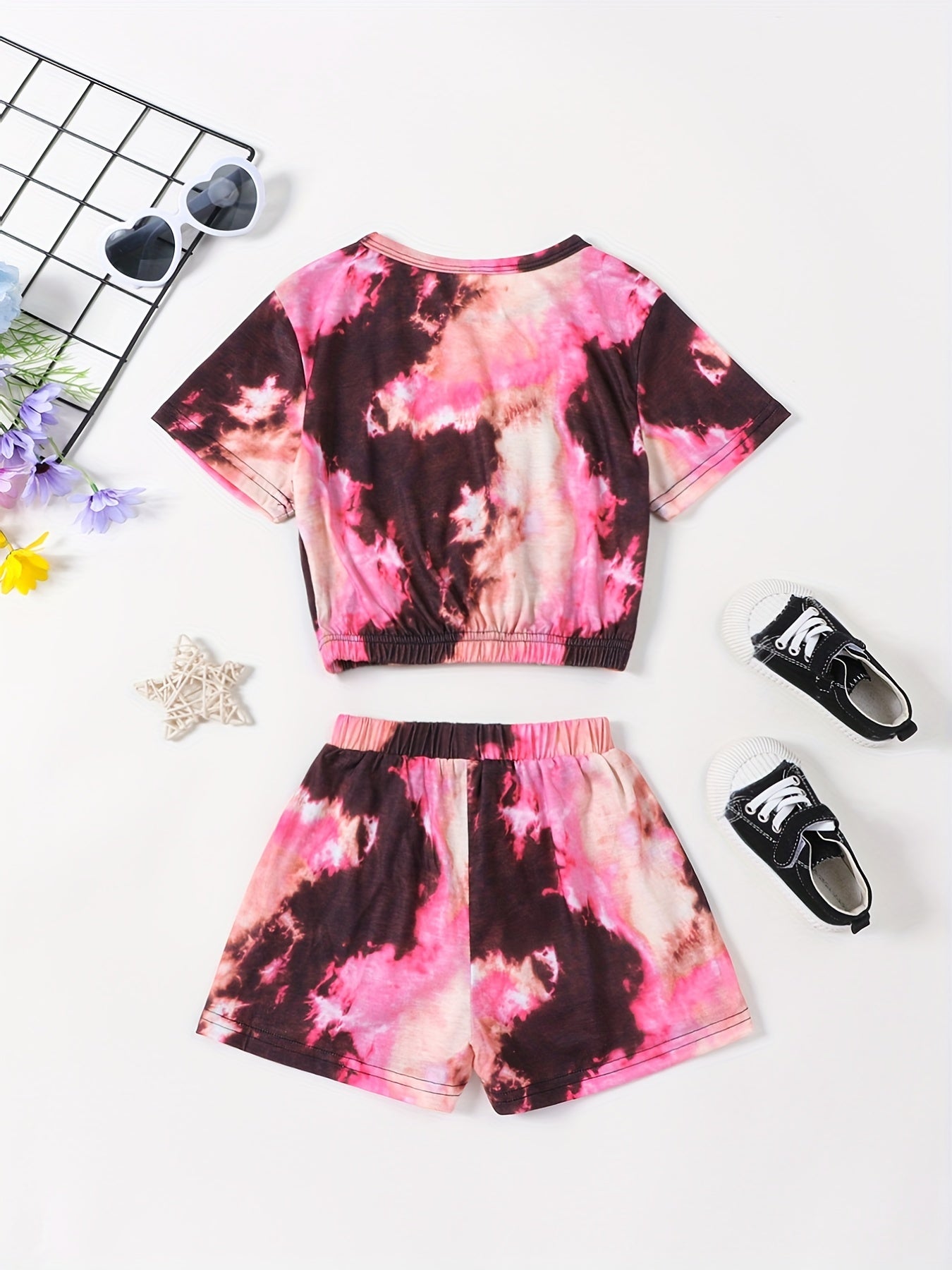 2pcs Toddler Girls Tie Dye Bow T Shirts & Shorts Set Kids Summer Clothes