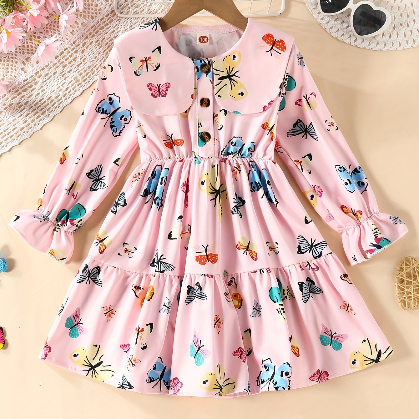 Girls Casual Butterfly Print Long Sleeve Dress