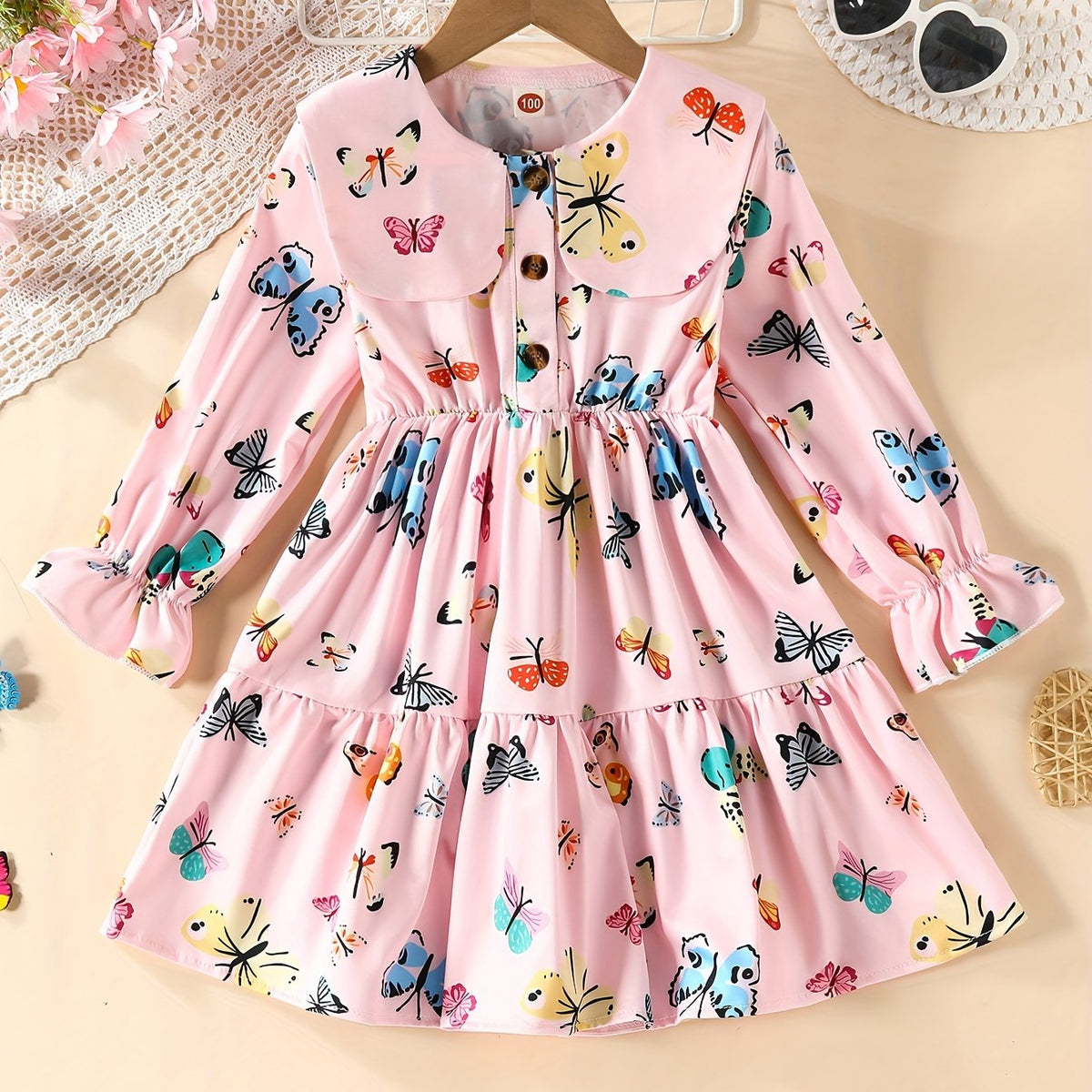Girls Casual Butterfly Print Long Sleeve Dress