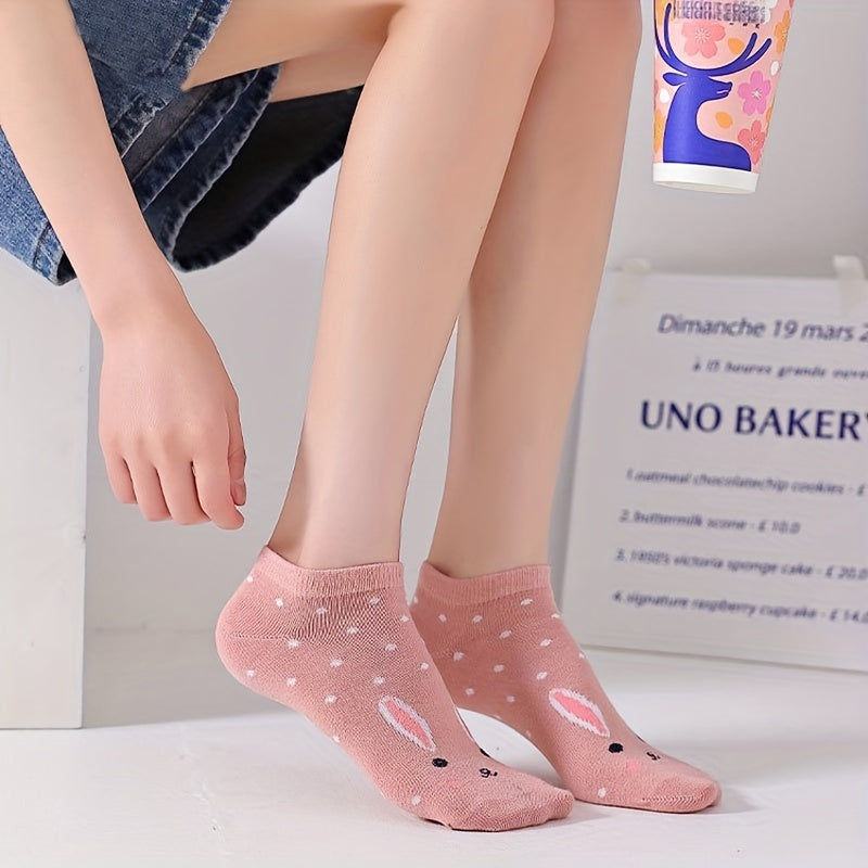 5 Pairs Cat Print Short Socks Breathable Ankle Stockings
