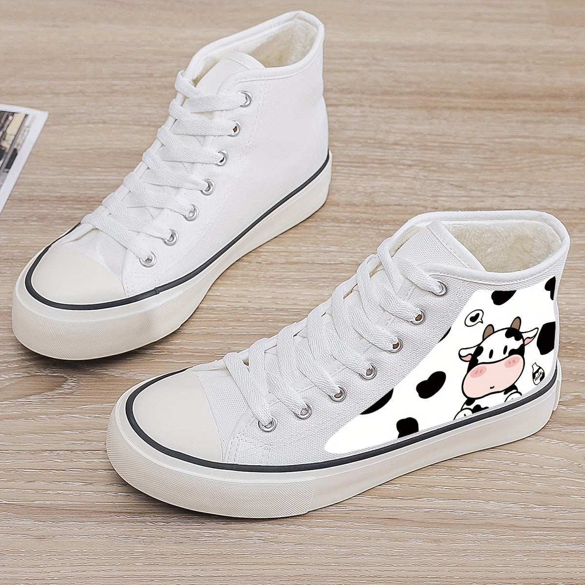 Girl's Cartoon Cow High Top Skate Shoes Warm Plush Lining Non Slip Sneakers