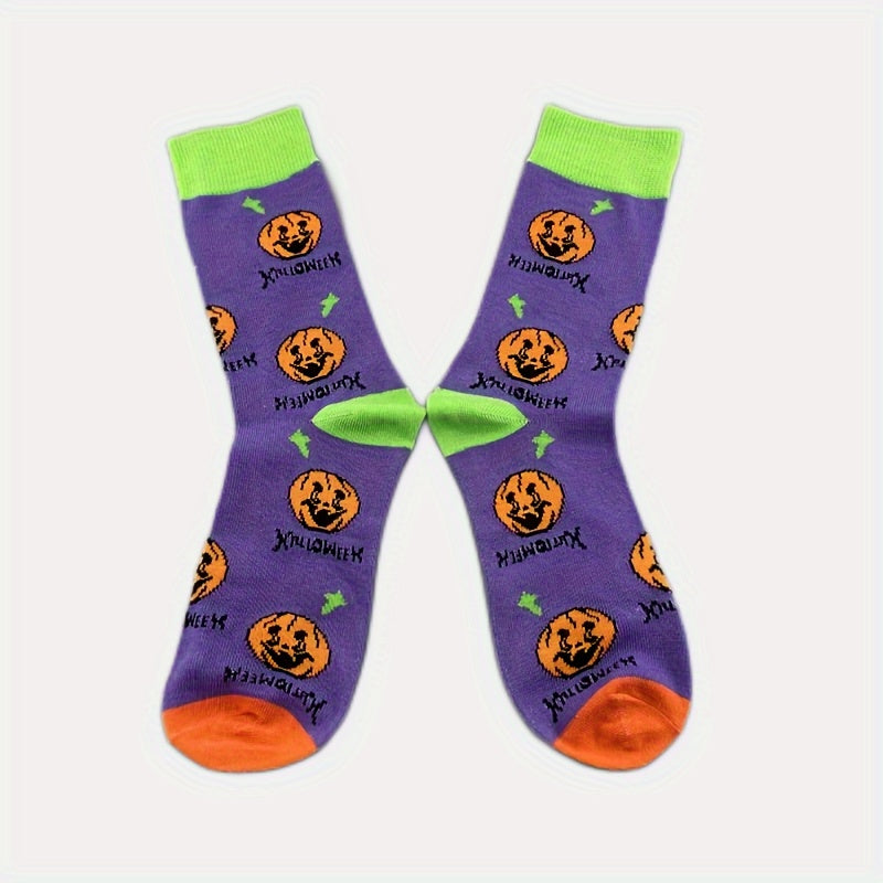 5 Pairs Pumpkin & Skull Print Socks Funny Halloween Crew Socks Women's Stockings